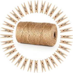 ABSOFINE tuinkoord met 100 houten wasknijpers 3,5 cm knutselkoord jute koord 100 m natuurlijk jute koord wasknijpers verpakking gastgeschenk