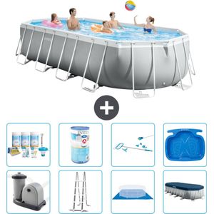 Intex Ovaal Prism Frame Zwembad - 610 x 305 x 122 cm - Grijs - Inclusief Pomp - Ladder - Grondzeil - Afdekzeil Onderhoudspakket - Filter - Schoonmaakset - Voetenbad