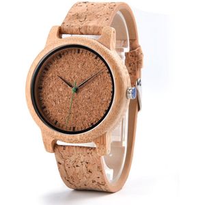 HO23-A05j - Bamboe horloge, horlogeband van kurk, gespsluiting ** KADO edelsteen armband