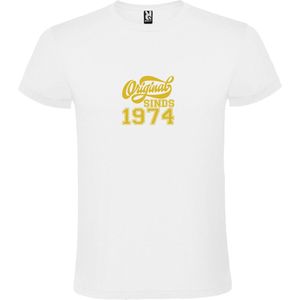 Wit T-Shirt met “Original Sinds 1974 “ Afbeelding Goud Size M