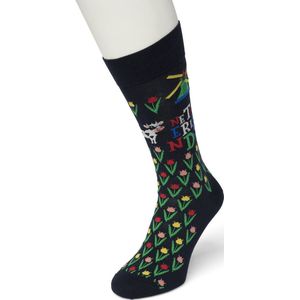 Bonnie Doon Heren Sokken met Holland Print maat 40/46 Donker Blauw - Thema Sokken - Nederland - Souvenir - Cadeau Sokken - Word je Happy en vrolijk van - Zacht Katoen met Gladde Teennaad - Comfortabel - Perfect Cadeau - Black Iris - BT992113.134