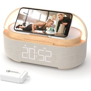 Digitale Wekkerradio met Draadloze Oplader en Bluetooth-luidspreker – Slimme Alarmklok met Inductief Laadstation en Dimbaar LED-Display