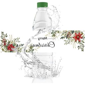 Merry Christmas waterfles etiketten - Rode kerst bloem - 50 stuks