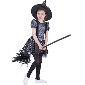 Funny Fashion - Heks & Spider Lady & Voodoo & Duistere Religie Kostuum - Magische Melkweg Heks - Meisje - Zwart, Zilver - Maat 116 - Halloween - Verkleedkleding