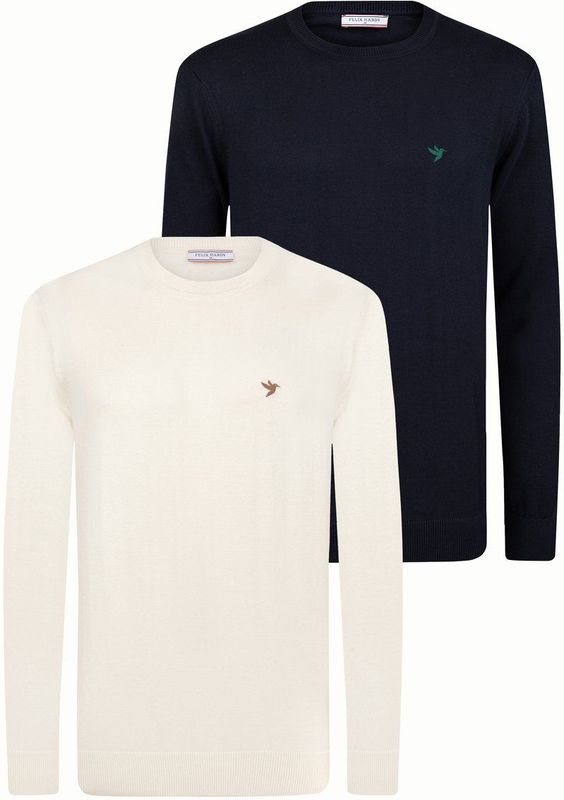 Felix Hardy - Classic Crew Neck Knit Sweater - Ecru-Navy - 2 Pack - Heren
