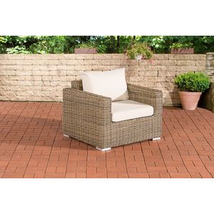 CLP Polyrattan fauteuil Bilbao/Madeira 5mm I Tuinfauteuil van rond rotan I Loungestoel met aluminium frame incl. kussens natura gebroken wit