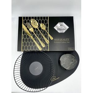 Maison Extravagante - Luxe geschenkset tafelen - Nordic Black XL editie - 6 persoons tafelen - Bestekset ROMA goud - 6x Placemat zwart - Fruitschaal zwart - 8x Keramische onderzetters marmer zwart - Housewarming