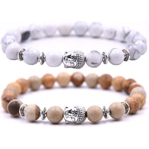 Kralen armband buddha / boedha bedel - Armband dames / heren / unisex - Natuursteen kralen bandje - Elastiek 19 cm - 8mm stenen - Armbandenset (2 stuks) - Wit marmer & beige