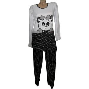 Dames pyjamaset met katjes en muzieknoten M wit/zwart