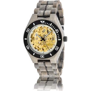 HOT&TOT | Carbon Gold - Houten horloge heren - 44 mm - Automatisch uurwerk - Skeleton - Esdoorn hout - Goud