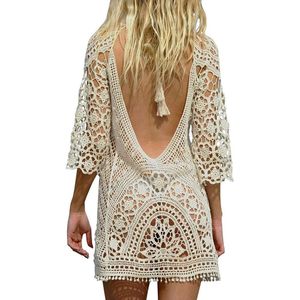 Dames bikini cover up met kanten details voor strand, boho stijl, beige, zomerjurk - Eén maat