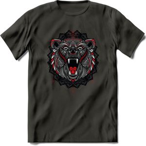 Beer - Dieren Mandala T-Shirt | Rood | Grappig Verjaardag Zentangle Dierenkop Cadeau Shirt | Dames - Heren - Unisex | Wildlife Tshirt Kleding Kado | - Donker Grijs - XXL