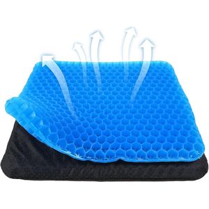 Gel zitkussen - Dubbel verdikt - Honingraatvorm - Gel zitkussen - Verlicht drukpijn - Ademend zitkussen, Geschikt voor autostoel en kantoorstoel, Blauw - Wordt geleverd met stoffen hoes