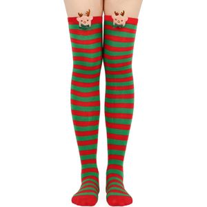 Kerstsokken - Warme kniehoge kerstsokken met Schattig Rendierpoppetje - Perfect voor de Winter en Feestdagen - 1 Paar in Groen-Rode strepen