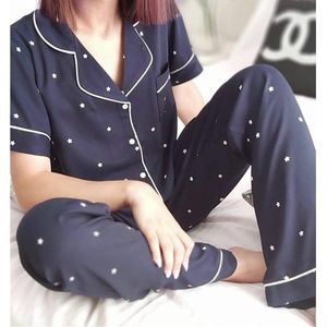 Katoen Dames Pyjamaset Korte Mouw Donker Blauw met Sterretjes Maat S