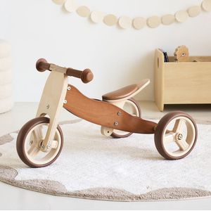 small foot trike 2 in 1 sage van hout, driewieler en loopfiets, met verstelbaar zadel en rubberen banden, 12414