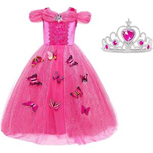 Doornroosje jurk Prinsessen jurk verkleedjurk 140-146 (140) fel roze Luxe met vlinders korte mouw + kroon verkleedkleding