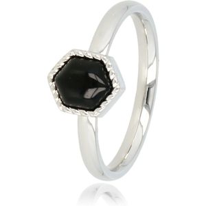 My Bendel Ring zilverkleurig met zwarte vintage glassteen hexa - Unieke zilverkleurige ring gevormd in een zeshoek met zwarte glassteen - Met luxe cadeauverpakking