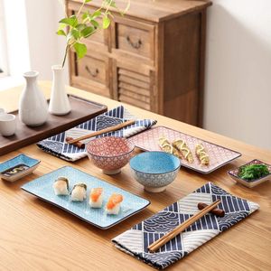 Macaron porseleinen sushi-bordenset voor 2, Japanse stijl keramisch blauw rood 8 stuks sushi-serveerset, inclusief sushi-schotels | sushi-kommen | dipkommen | eetstokjes