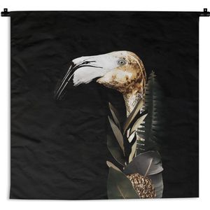 Wandkleed - Wanddoek - Flamingo - Bladeren - Goud - 60x60 cm - Wandtapijt