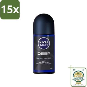 15 x Nivea - Deo Roll-On - Men - Deep - 48 Uur Lang Werkend - 50 ml - Grootverpakking - Nivea Men Deodorant Roller - 48 Uur Bescherming - Actieve Kool - Anti-transpirant - Zweetvermindering