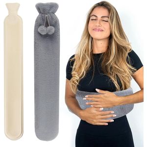 Langwerpig Kruik - Lang 75 cm met hoes - Warmwaterkruik - Grijs - Kruikzak - Cadeau voor vrouw, vriendin en verjaardag