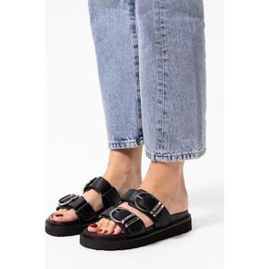 Sacha - Dames - Zwarte leren plateau slippers met buckles - Maat 37