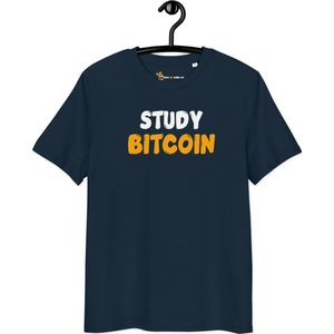 Bitcoin T-shirt - Study Bitcoin - Unisex - 100% Biologisch Katoen - Marine Blauw - Maat S | Bitcoin cadeau| Crypto cadeau| Bitcoin T-shirt| Crypto T-shirt| Crypto Shirt| Bitcoin Shirt| Bitcoin Merch| Crypto Merch| Bitcoin Kleding