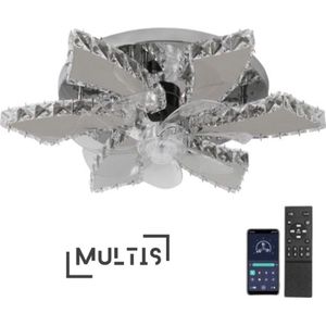 Multis - Lotus Kristallen Ventilator Lamp - Crystal Plafondventilator Met Verlichting - Plafonniere - App Bediening - Met Dimmer - 6 Standen Ventilator - Met Afstandsbediening - Keuken Lamp - Woonkamer Lamp - Moderne Lamp - LED - Chrome