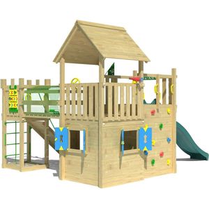 Jungle Gym speeltoestel van grenen hout - Jungle Olympus met donkergroene glijbaan - Tuin speeltoestel voor buiten met zandbak en klimwand
