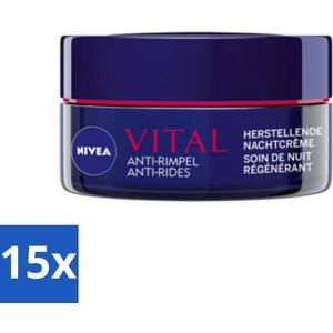 15 x NIVEA - Nachtcrème - VITAL Anti-Rimpel Herstellend - Voor rijpe huid - Met Vitamine F, Teunisbloemolie & Calcium - 50 ml - Anti-rimpel Crème - Nachtcrème Voor Rijpe Huid - Huidherstel Crème - Vitamine F Crème - Teunisbloemolie Crème