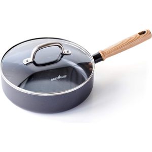 GreenChef Vintage Gezonde Keramisch Antiaanbaklaag 24cm/3.1 Liter Sauteerpan met Deksel, Wood Inspired Handle, PFAS-Free, Inductie Geschikt, Vaatwasmachinebestendig, Grijs