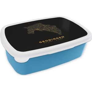 Broodtrommel Blauw - Lunchbox - Brooddoos - Groningen - Wegenkaart Nederland - Black and gold - 18x12x6 cm - Kinderen - Jongen