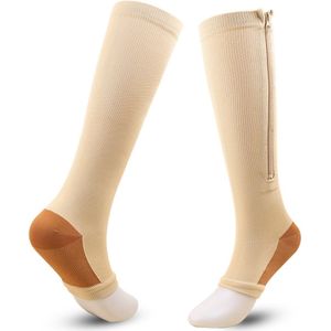 Compressie Kousen Met Rits - Maat S/M Beige+Kaki - Steunkousen met rits - 15-20 mmHg Grade Compressie - Compressiekousen - Steunkousen -Vliegtuig sokken - Hoge kousen - Compressie Sokken met Open Teen - Vliegtuigsokken - Anti Vermoeidheid - Unisex