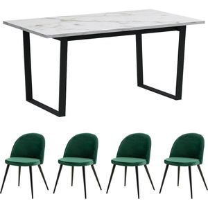 Tilst eethoek eettafel wit marmerprint 90x160 4 stoelen velours groen.
