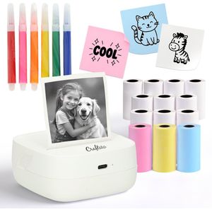 Crafts&Co Mini Pocket Printer met 13 Rollen en 6 Stiften - 24-Uur Batterij - Mobiele Fotoprinter - Interactief Montessori Speelgoed - Draagbare en Thermische Printer - Cadeau voor Jongens en Meisjes - 6, 7, 8, 9, 10, 11, 12, 13, 14, 15, 16 Jaar - Wit
