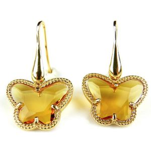 Zilveren oorringen oorbellen geelgoud verguld Model Vlinder met amber bruinkleurige steen