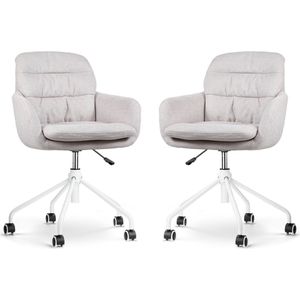 Nolon Nout-Mia Bureaustoelen Set van 2 Beige - met Armleuning - Stof - Verstelbaar - Wieltjes - Wit Onderstel
