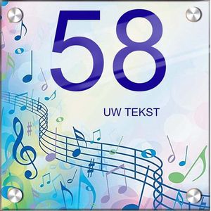 Huisnummer naambord plexiglas 15x15x0,5cm Bladmuziek design - met naam bedrukken Huisnummerbordjes, Naambordje voordeur, naamplaatje voordeur, huisnummer bord, huisnummer borden