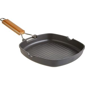 Inductie Grillpan 20 x 20 cm - Gegolfd, Anti-aanbaklaag, Milieuvriendelijk, Gietaluminium, Inklapbare Houten Handgreep