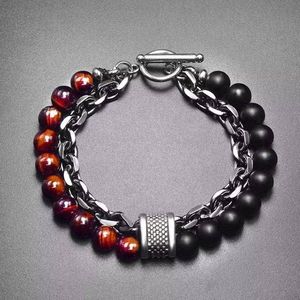 Armband, Tiger Eye armband voor heren met doos, chakra lava kralen 8 mm, sieraden voor macht en zelfvertrouwen, 21 cm roestvrij staal sterk en modieus, Bruin en Zwart, Tijgeroog