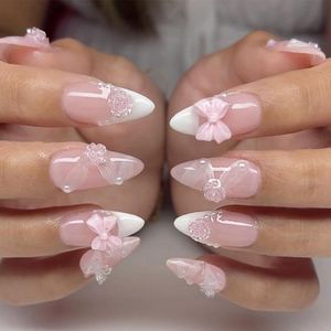 Kunstnagels - Roze Strik - 3D Bloem Patroon - Amandel Acryl Franse Nepnagels - 24 Stuks