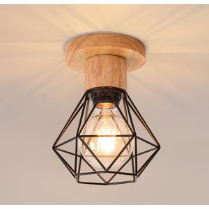 Delaveek-Vintage Eenvoudige IJzeren Plafondlamp -Houten chassis+Zwarte lampenkap -E27 lamp (lichtbron niet inbegrepen)