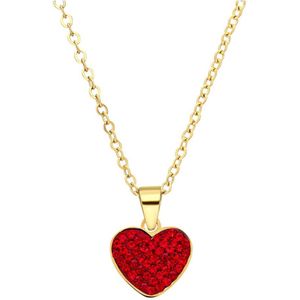 Lucardi Dames Stalen goldplated ketting hart kristal red velvet - Ketting - Staal - Goudkleurig - 47 cm