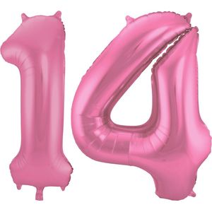 Folat Folie ballonnen - 14 jaar cijfer - glimmend roze - 86 cm - leeftijd feestartikelen verjaardag