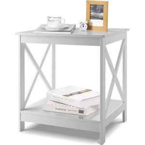 Bijzettafel met 2 planken, salontafel met open design, koffietafel in landelijke stijl, van hout, stabiel met X-vormige steunstang, gelakt, voor woonkamer, slaapkamer, werkkamer