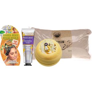 Burt's Bees Cadeauset Honing Self Care - Burt's Bees Handcreme Lavender & Honey - 7th Heaven Hair & Root Masker Manuka Honey - Source Balance Badkussen Cotton