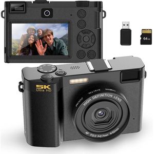 Gloovon - Digitale Camera 5K - 64MP - Compact Camera - Foto & Video - Geschikt voor Selfies, Vlogs - Incl. 64GB TF-kaart - Zwart