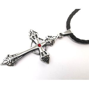 Stoere RVS mannen Keltisch kruis hanger zeer gedetailleerde motief, gratis leer gevlochten zwart ketting 60cmx4mm