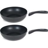 Set van 2x stuks aluminium zwarte wok/wokpan Gusto met anti-aanbak laag 28 cm - Wokpannan - Koken - Wokken